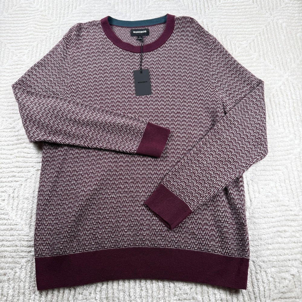 Bonobos Sweater Mens L Burgundy Geo Crew Wool Cashmere Pullover Preppy Old Money
